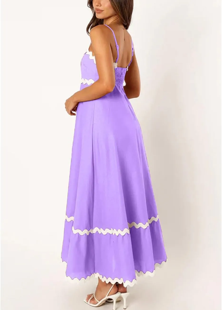 LOAIHA Women Midi Dresses 2024 Spaghetti Straps Sleeveless Smocked Rickrack Trim Boho Flowy Loose A-Line Summer Eyelet Dress
