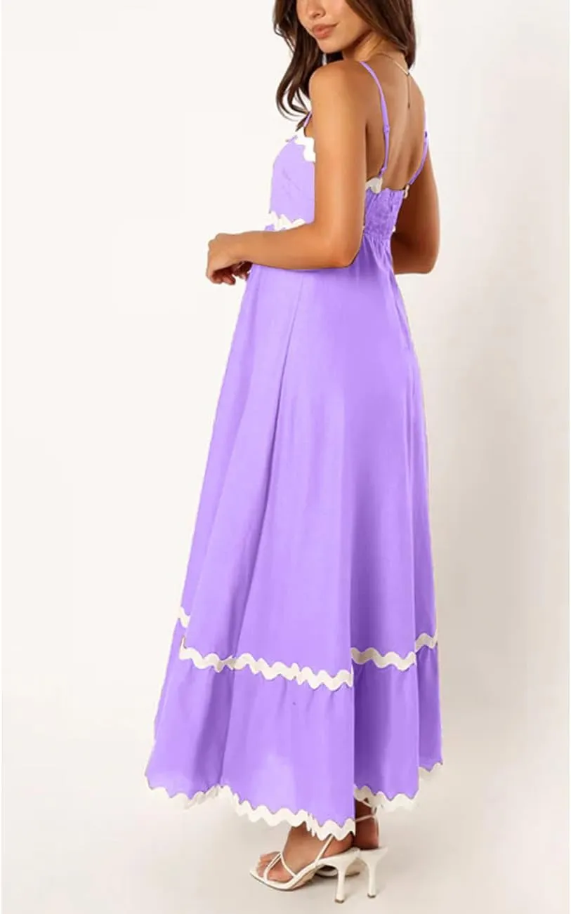 LOAIHA Women Midi Dresses 2024 Spaghetti Straps Sleeveless Smocked Rickrack Trim Boho Flowy Loose A-Line Summer Eyelet Dress