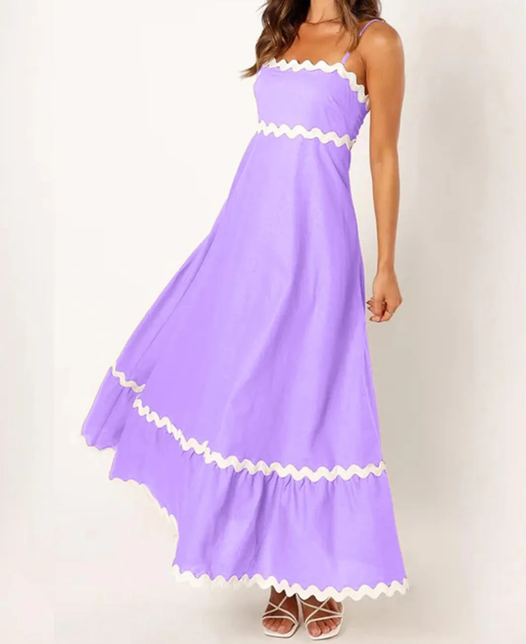 LOAIHA Women Midi Dresses 2024 Spaghetti Straps Sleeveless Smocked Rickrack Trim Boho Flowy Loose A-Line Summer Eyelet Dress