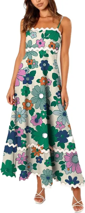LOAIHA Women Midi Dresses 2024 Spaghetti Straps Sleeveless Smocked Rickrack Trim Boho Flowy Loose A-Line Summer Eyelet Dress