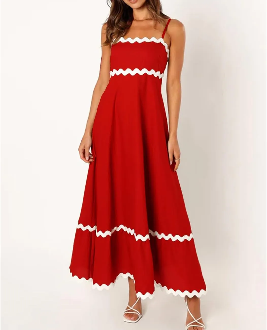 LOAIHA Women Midi Dresses 2024 Spaghetti Straps Sleeveless Smocked Rickrack Trim Boho Flowy Loose A-Line Summer Eyelet Dress