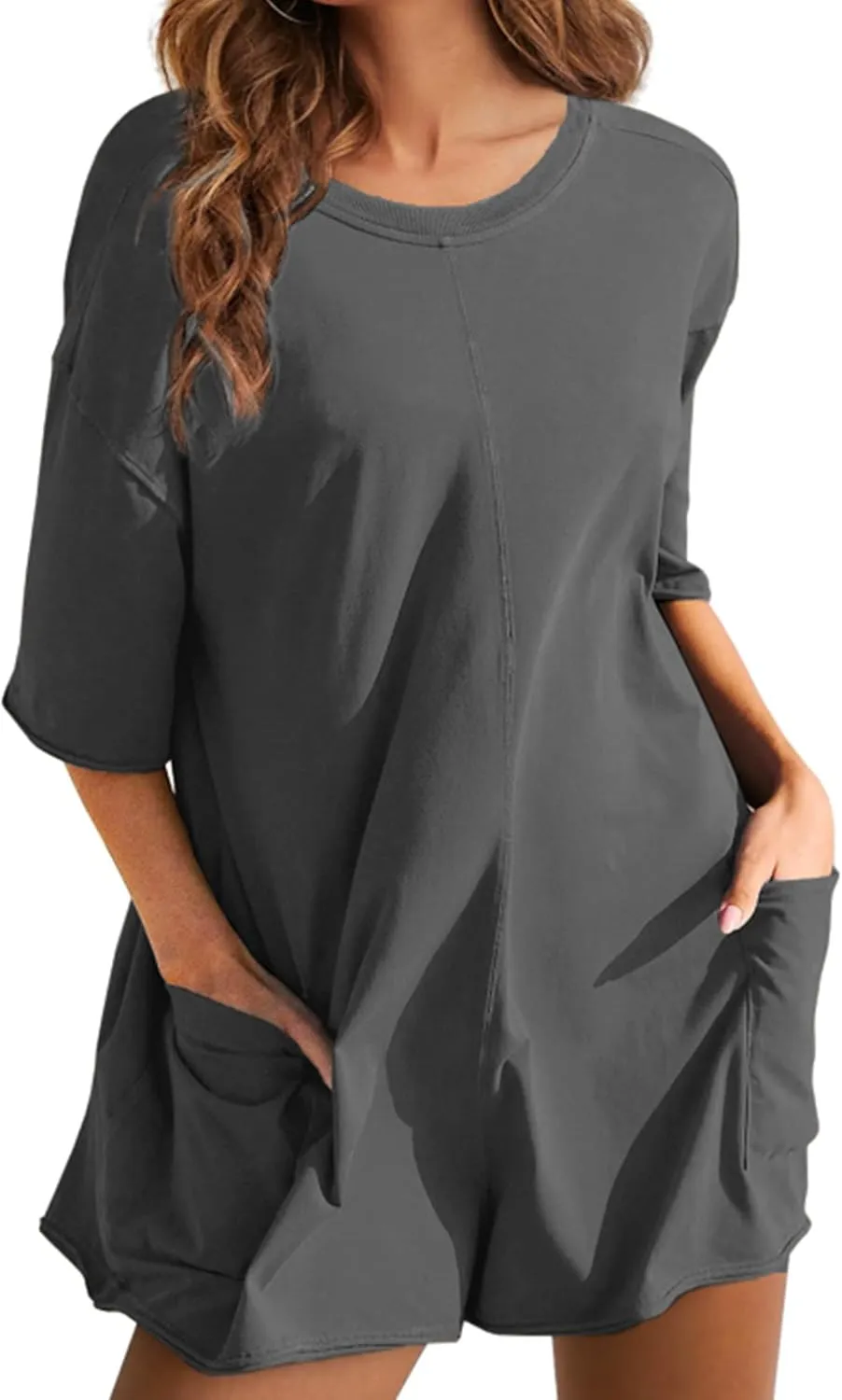 LTSCNRM Womens Tee Rompers Casual One Piece Hot Shot Oversized Overall Short Sleeve Reversible Athletic Workout Pockets