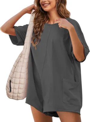 LTSCNRM Womens Tee Rompers Casual One Piece Hot Shot Oversized Overall Short Sleeve Reversible Athletic Workout Pockets