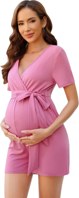 Maternity Jumpsuit Women's V Neck Short Sleeve Casual Jumpsuit High Waist Nursing Romper with Belt