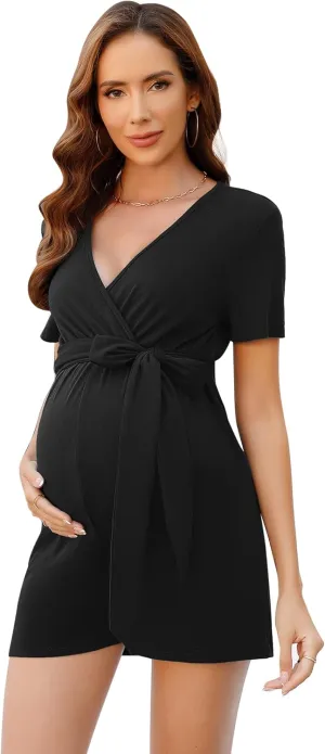 Maternity Jumpsuit Women's V Neck Short Sleeve Casual Jumpsuit High Waist Nursing Romper with Belt