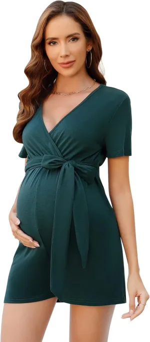 Maternity Jumpsuit Women's V Neck Short Sleeve Casual Jumpsuit High Waist Nursing Romper with Belt