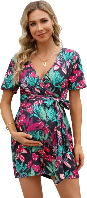 Maternity Jumpsuit Women's V Neck Short Sleeve Casual Jumpsuit High Waist Nursing Romper with Belt
