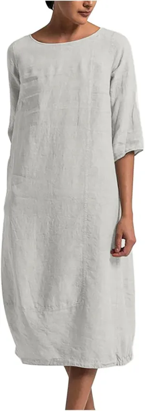 Maxi Dress for Women Summer Cotton Linen T Shirt Dress Half Sleeve Loose Crew Neck Maxi Long Flowy Beach Dresses