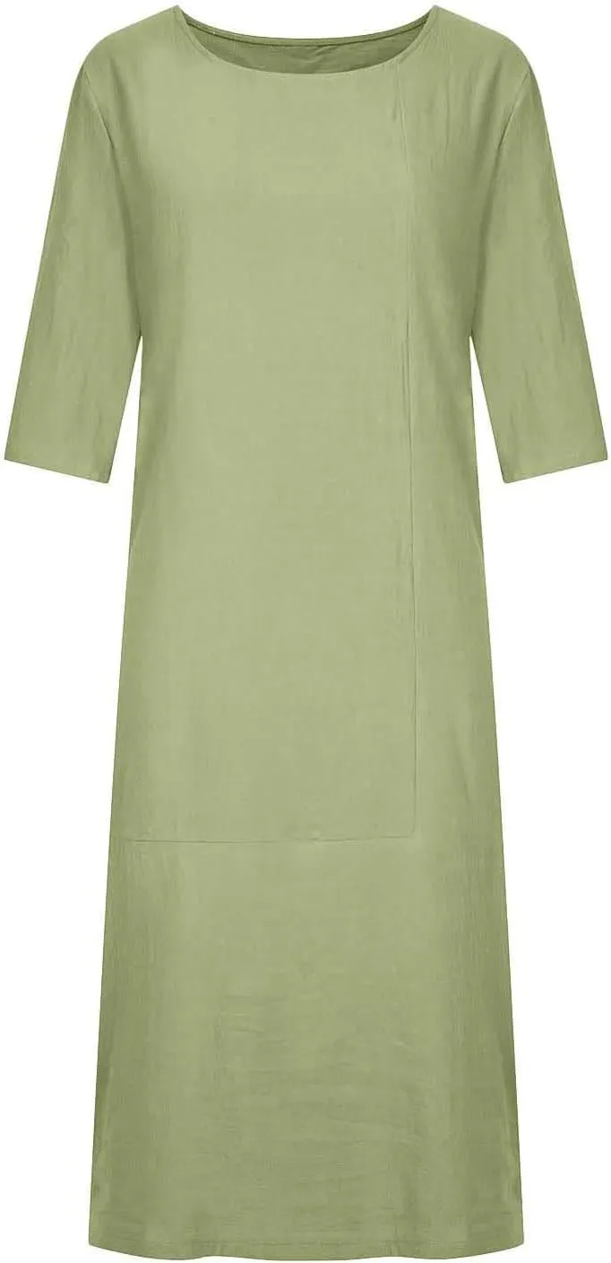 Maxi Dress for Women Summer Cotton Linen T Shirt Dress Half Sleeve Loose Crew Neck Maxi Long Flowy Beach Dresses