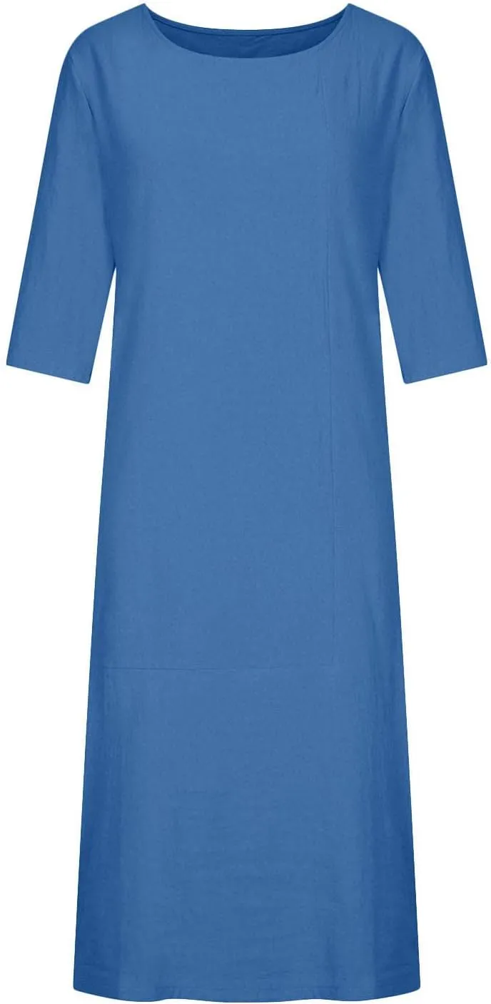Maxi Dress for Women Summer Cotton Linen T Shirt Dress Half Sleeve Loose Crew Neck Maxi Long Flowy Beach Dresses
