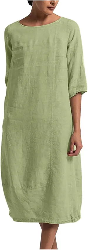 Maxi Dress for Women Summer Cotton Linen T Shirt Dress Half Sleeve Loose Crew Neck Maxi Long Flowy Beach Dresses