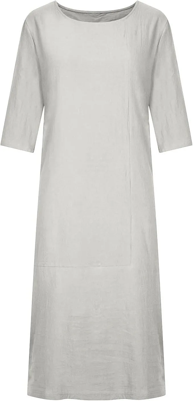 Maxi Dress for Women Summer Cotton Linen T Shirt Dress Half Sleeve Loose Crew Neck Maxi Long Flowy Beach Dresses