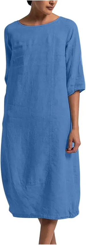 Maxi Dress for Women Summer Cotton Linen T Shirt Dress Half Sleeve Loose Crew Neck Maxi Long Flowy Beach Dresses