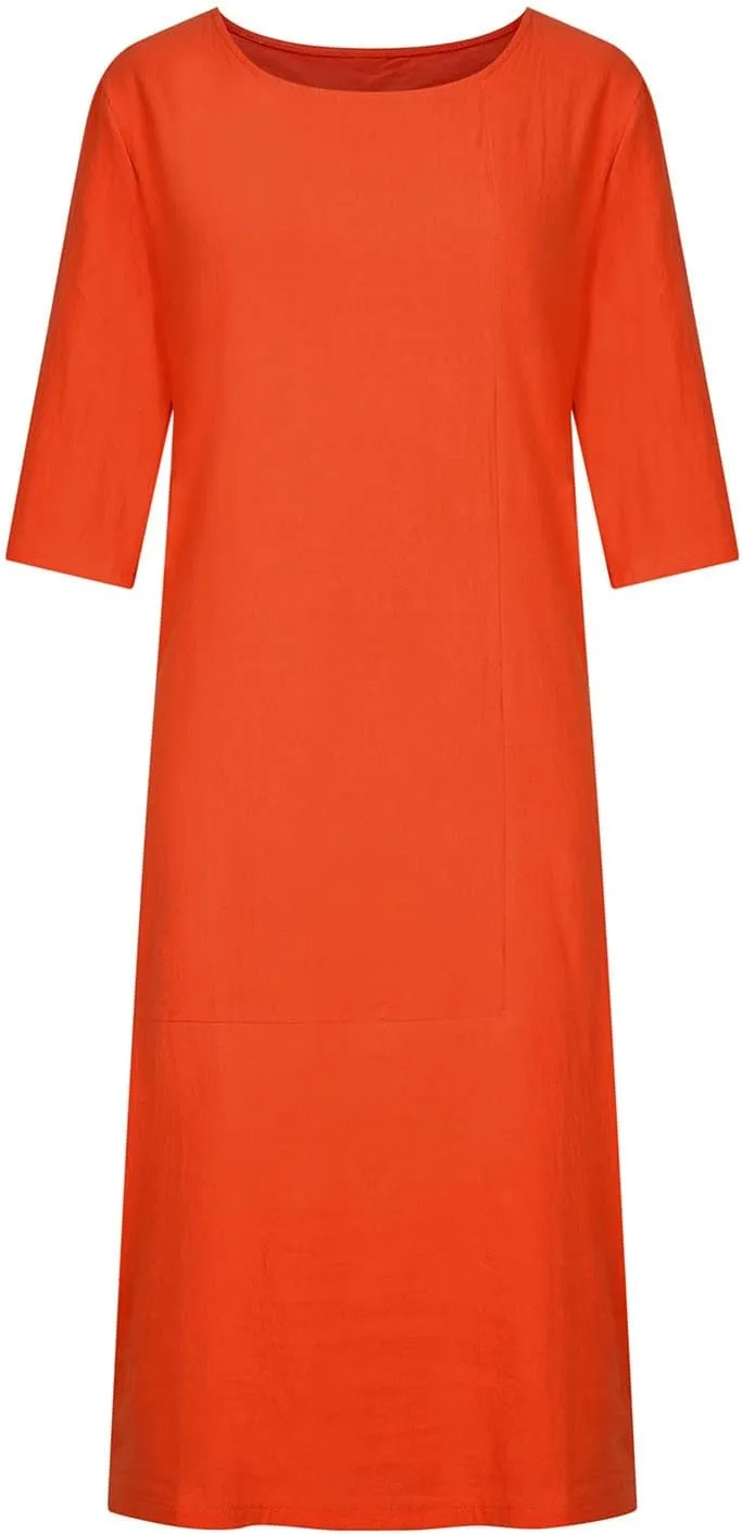 Maxi Dress for Women Summer Cotton Linen T Shirt Dress Half Sleeve Loose Crew Neck Maxi Long Flowy Beach Dresses
