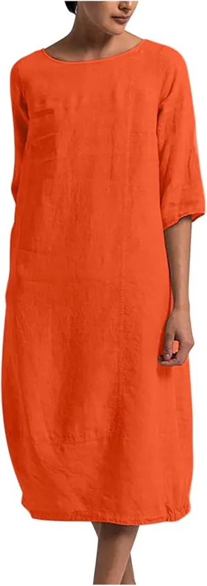 Maxi Dress for Women Summer Cotton Linen T Shirt Dress Half Sleeve Loose Crew Neck Maxi Long Flowy Beach Dresses