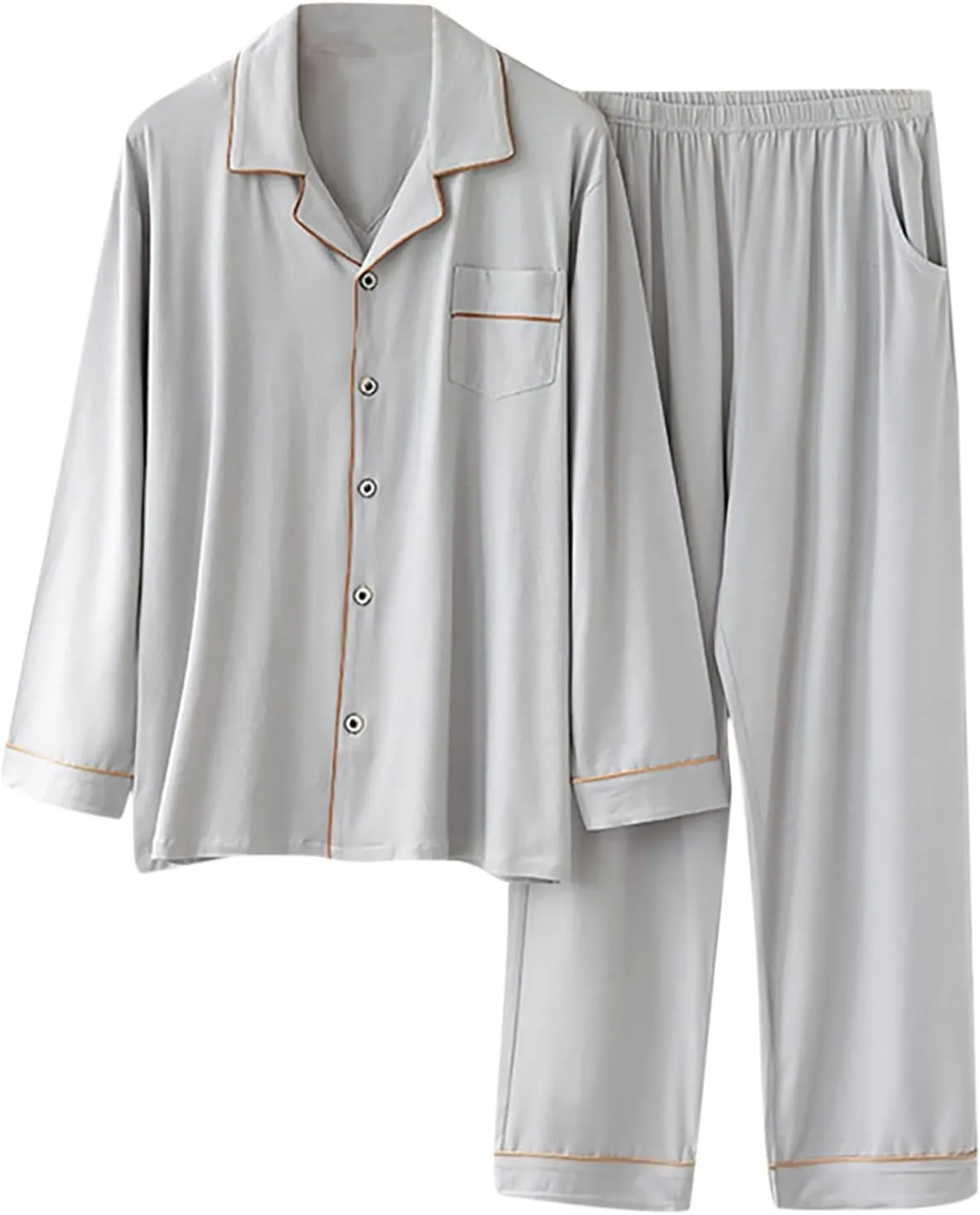 Men Soft Modal 2Pcs Pj Set Comfy Button Sleepwear Pajamas Sets Long Sleeve Lounge Set Casual Nightwear with Pocket