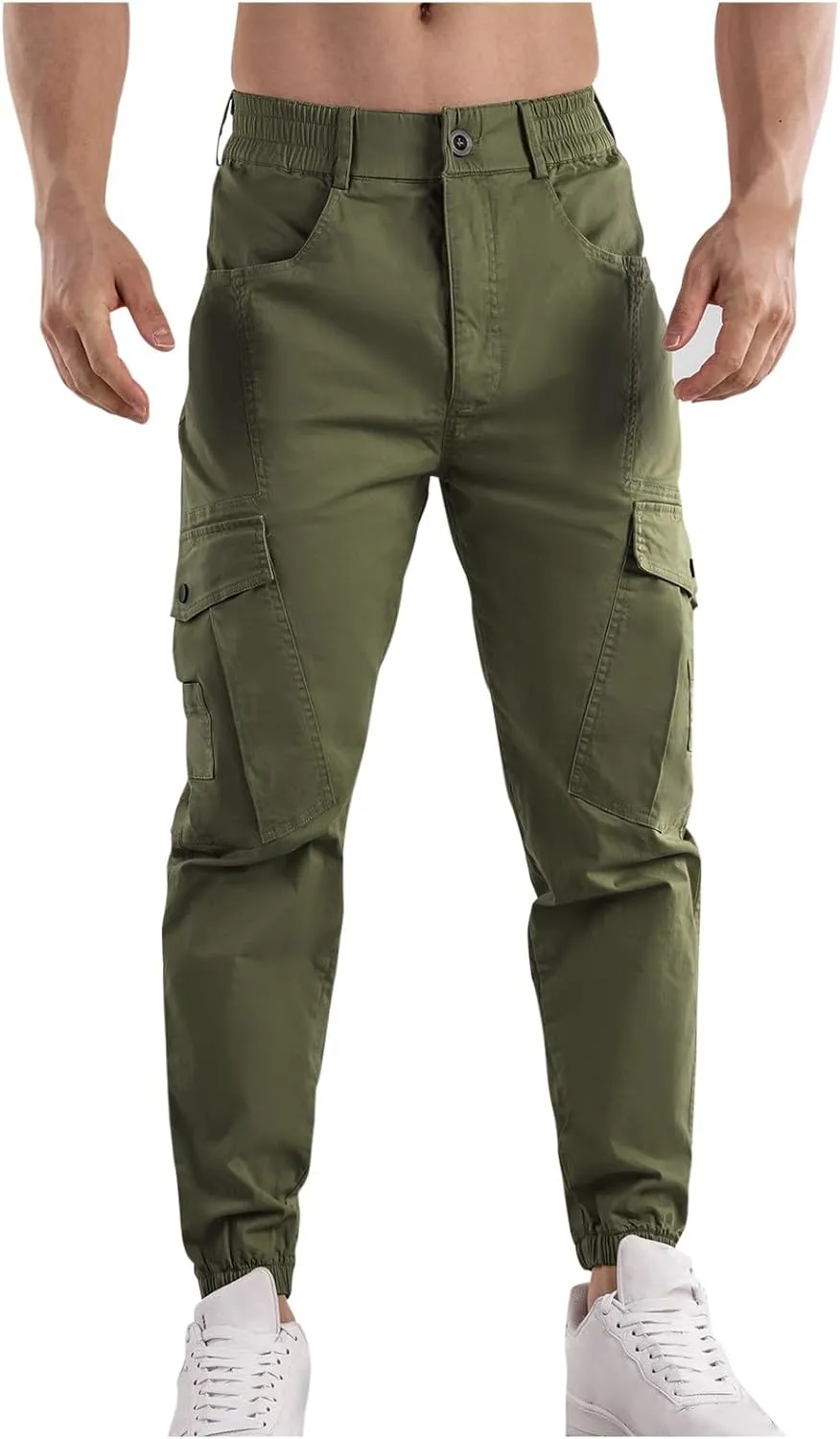 Mens Cargo Pants Multi Pockets Straight Expandable Waist Trousers Solid Cinch Bottom Pants Cotton Athletic Pants