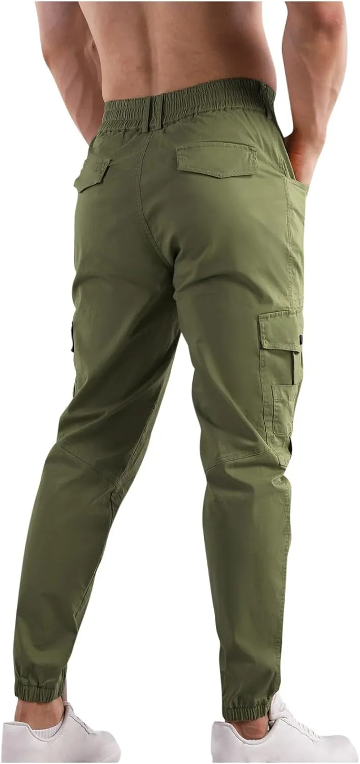 Mens Cargo Pants Multi Pockets Straight Expandable Waist Trousers Solid Cinch Bottom Pants Cotton Athletic Pants
