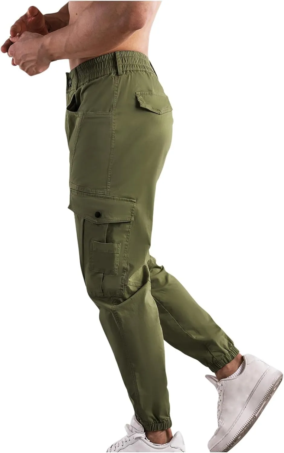 Mens Cargo Pants Multi Pockets Straight Expandable Waist Trousers Solid Cinch Bottom Pants Cotton Athletic Pants