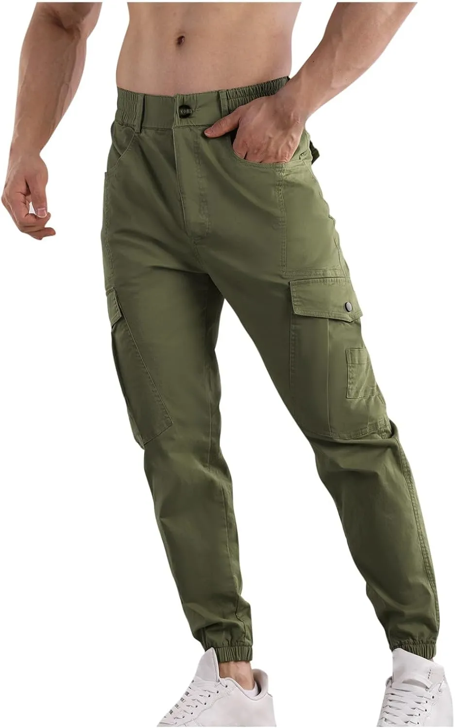 Mens Cargo Pants Multi Pockets Straight Expandable Waist Trousers Solid Cinch Bottom Pants Cotton Athletic Pants