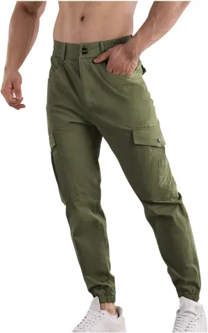 Mens Cargo Pants Multi Pockets Straight Expandable Waist Trousers Solid Cinch Bottom Pants Cotton Athletic Pants