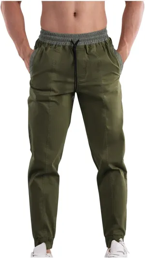 Mens Cargo Pants Multi Pockets Straight Expandable Waist Trousers Solid Cinch Bottom Pants Cotton Athletic Pants