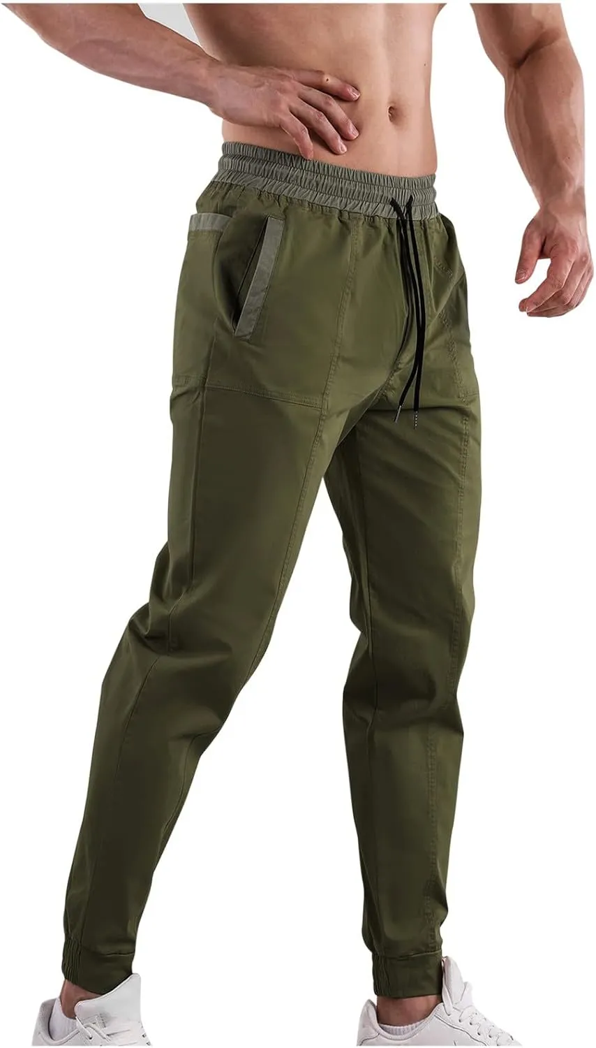 Mens Cargo Pants Multi Pockets Straight Expandable Waist Trousers Solid Cinch Bottom Pants Cotton Athletic Pants