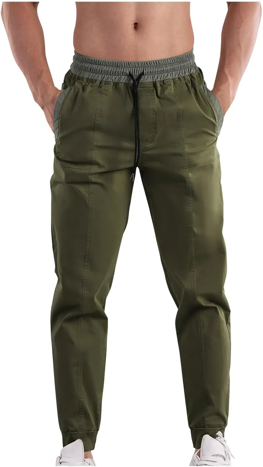 Mens Cargo Pants Multi Pockets Straight Expandable Waist Trousers Solid Cinch Bottom Pants Cotton Athletic Pants