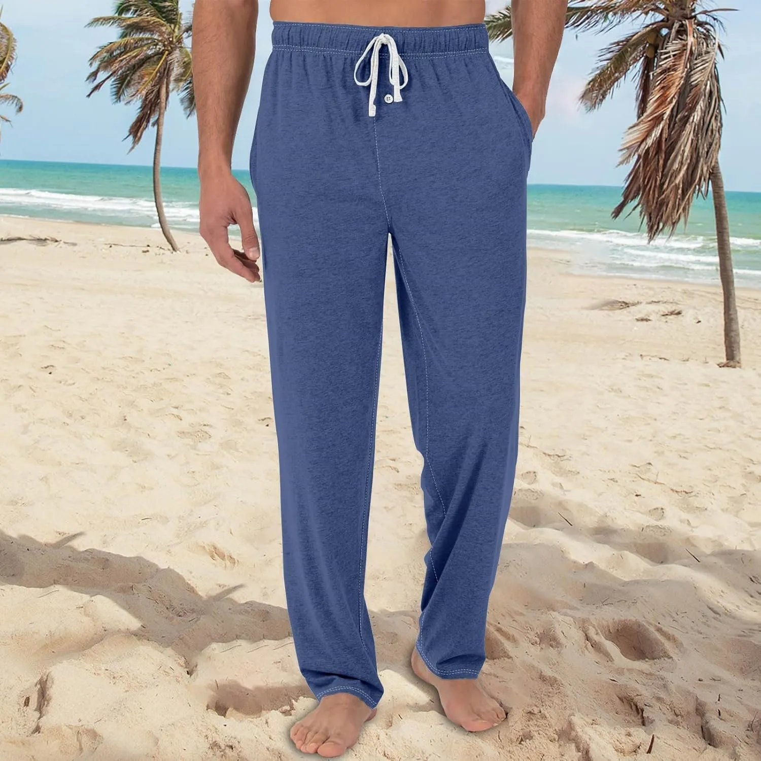 Men's Casual Drawstring Print Pants Fashion Lightweight Jogger Pants Elastic Waist Straight Leg Trouser with Pockets