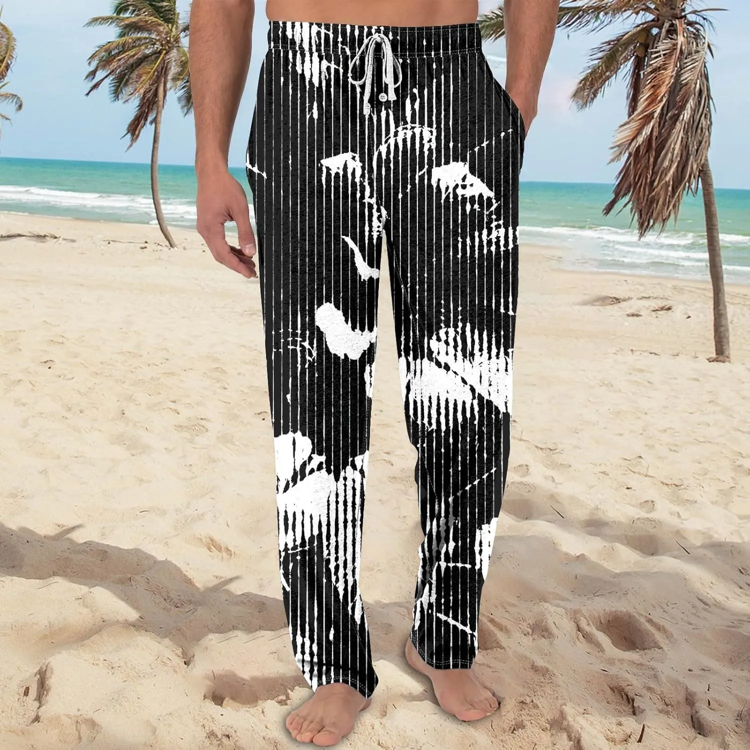 Men's Casual Drawstring Print Pants Fashion Lightweight Jogger Pants Elastic Waist Straight Leg Trouser with Pockets