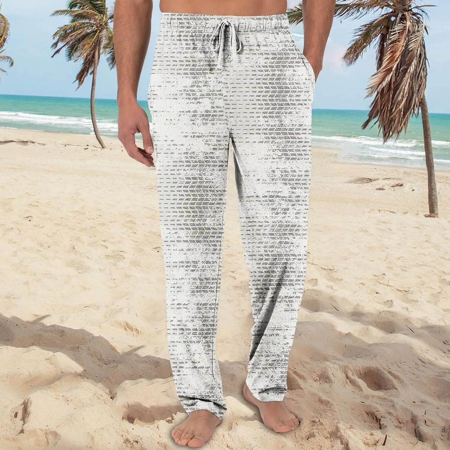 Men's Casual Drawstring Print Pants Fashion Lightweight Jogger Pants Elastic Waist Straight Leg Trouser with Pockets