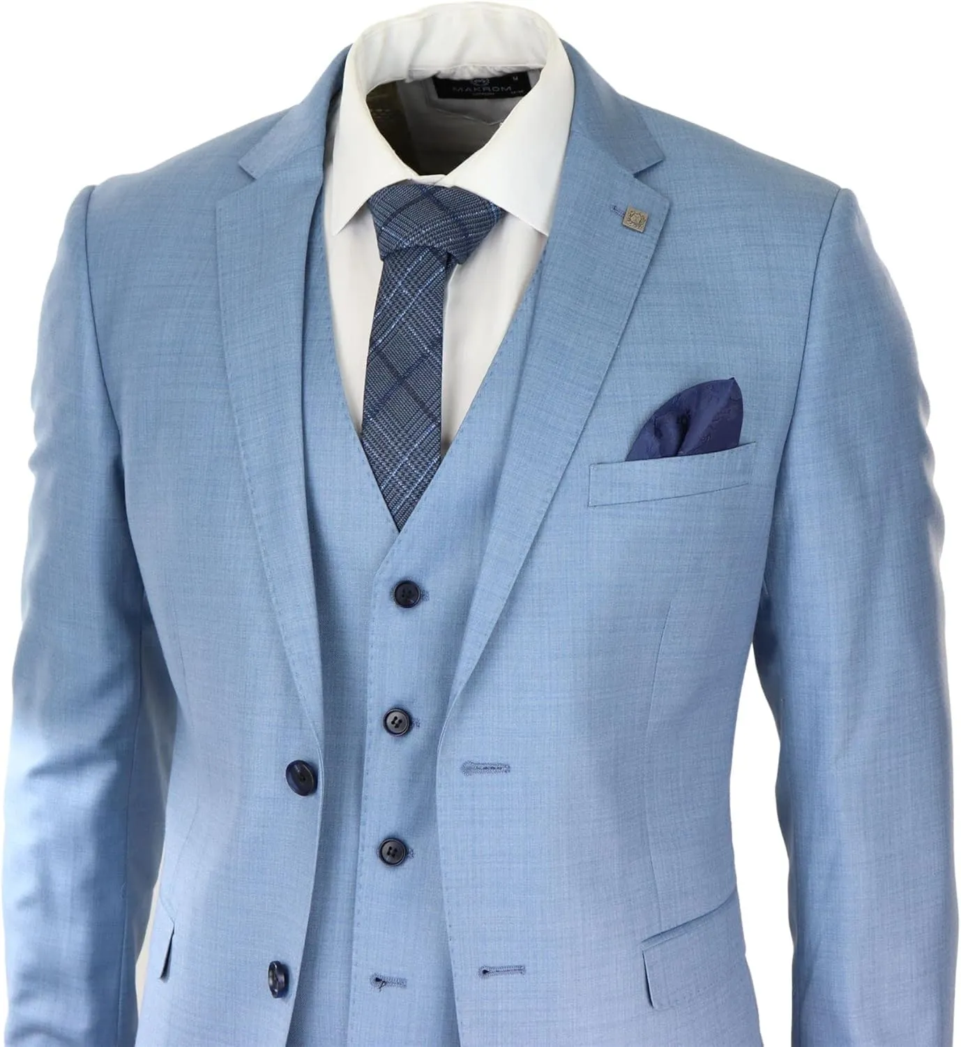 Mens Light Blue Sky 3 Piece Suit Classic Stitch Wedding Summer Prom Classic