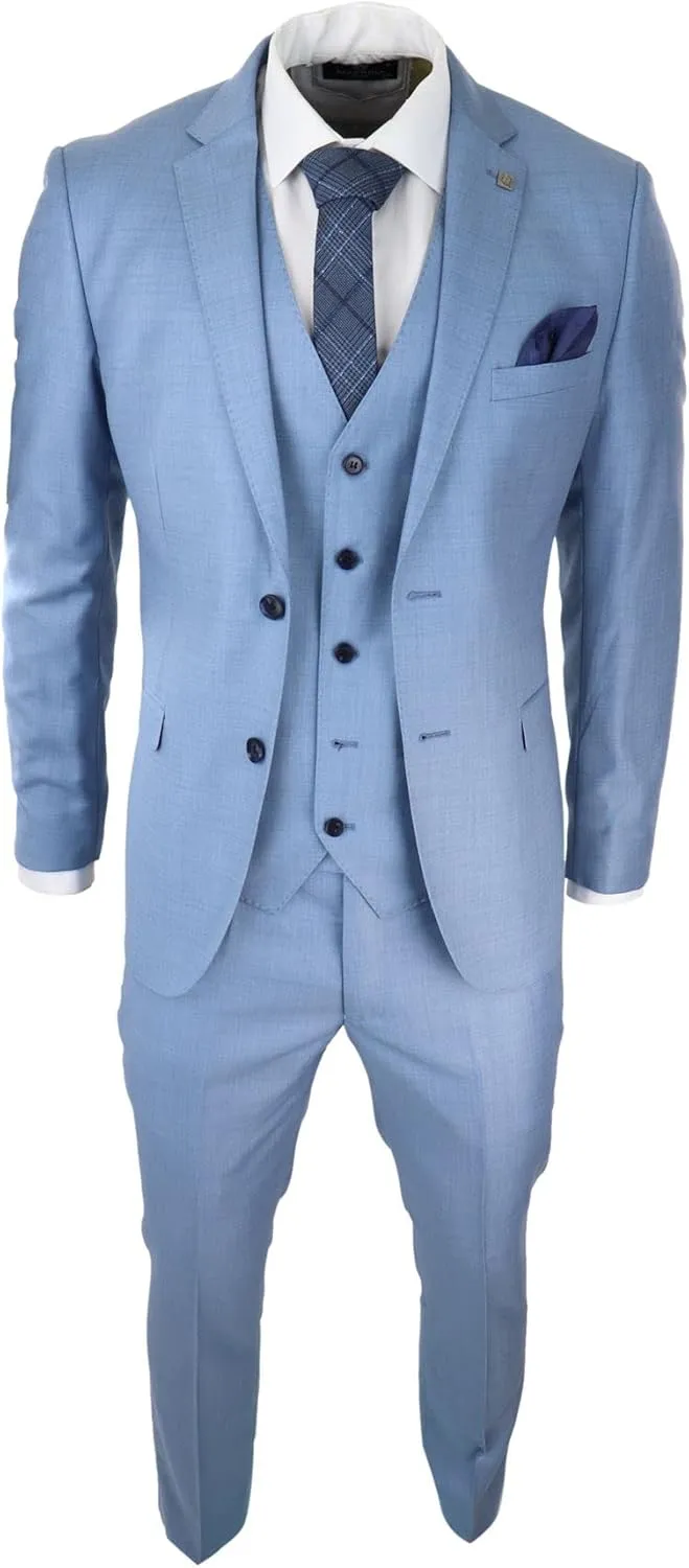 Mens Light Blue Sky 3 Piece Suit Classic Stitch Wedding Summer Prom Classic