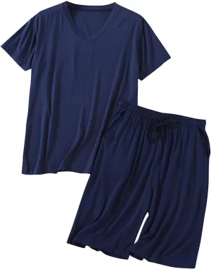Mens Modal Cotton Pajama Set Soft Comfy Pjs 2 Piece Sets Solid Short Sleeve V-Neck T-Shirts and Shorts with Pockets