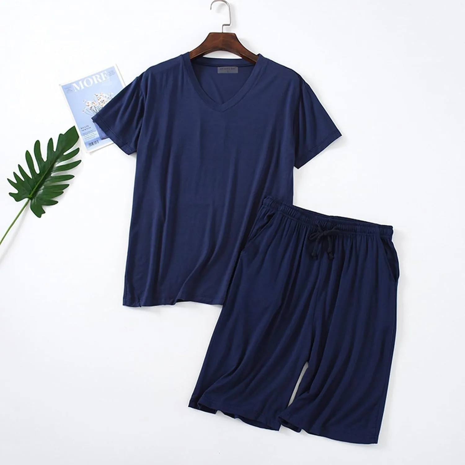 Mens Modal Cotton Pajama Set Soft Comfy Pjs 2 Piece Sets Solid Short Sleeve V-Neck T-Shirts and Shorts with Pockets