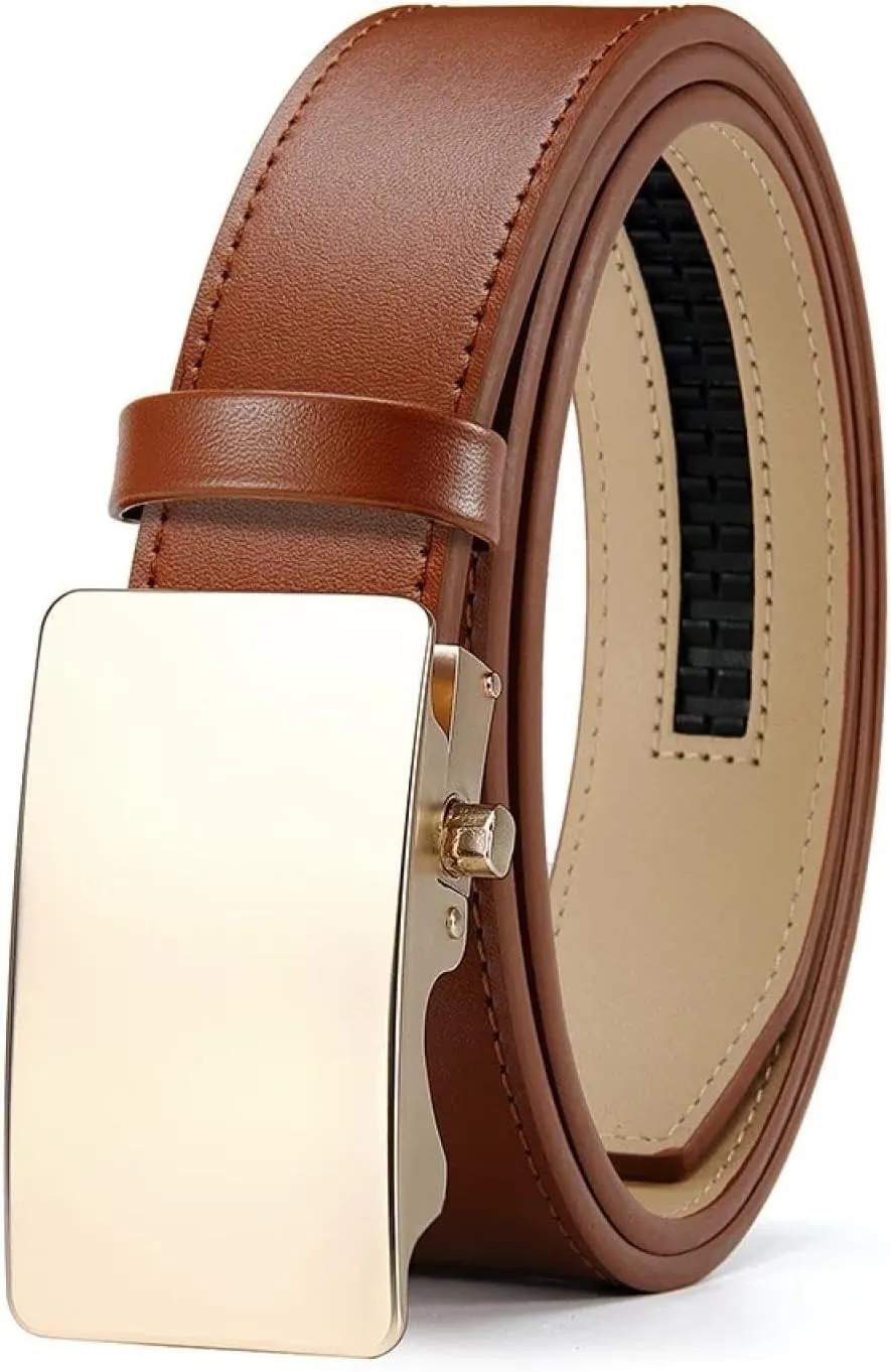 Men's Premium Leather Smooth Ratchet Business Belt Men's Dress and Casual Daily Adjustable Buckle