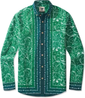 Mens Print Button Down Long Sleeve Shirt with Pocket Cotton Dress Shirt Vacation Casual Business