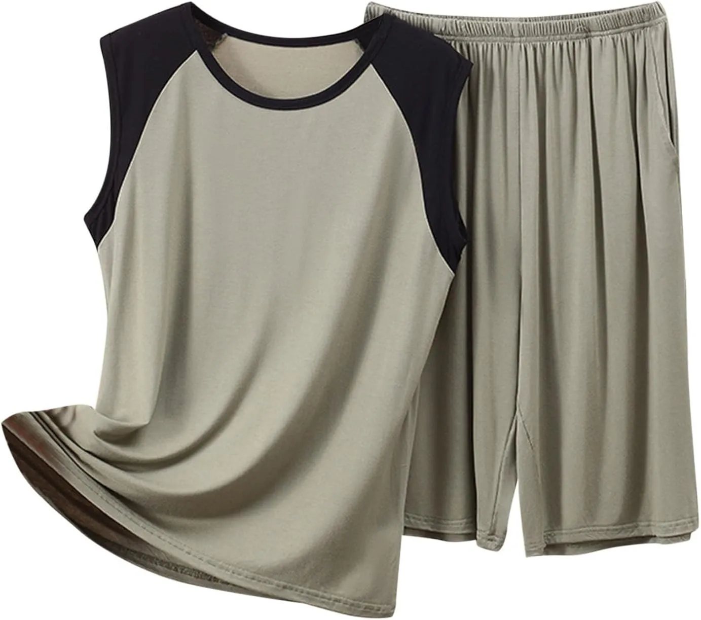 Mens Womens Bermuda Shorts Pajamas Set Soft Comfy Modal 2 Piece Outfit with Color Block Sleeveless T-Shirt Sleepwear