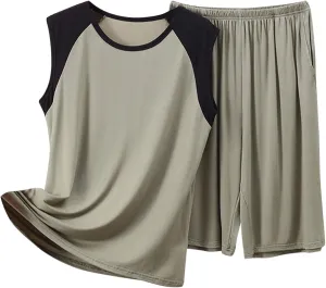Mens Womens Bermuda Shorts Pajamas Set Soft Comfy Modal 2 Piece Outfit with Color Block Sleeveless T-Shirt Sleepwear