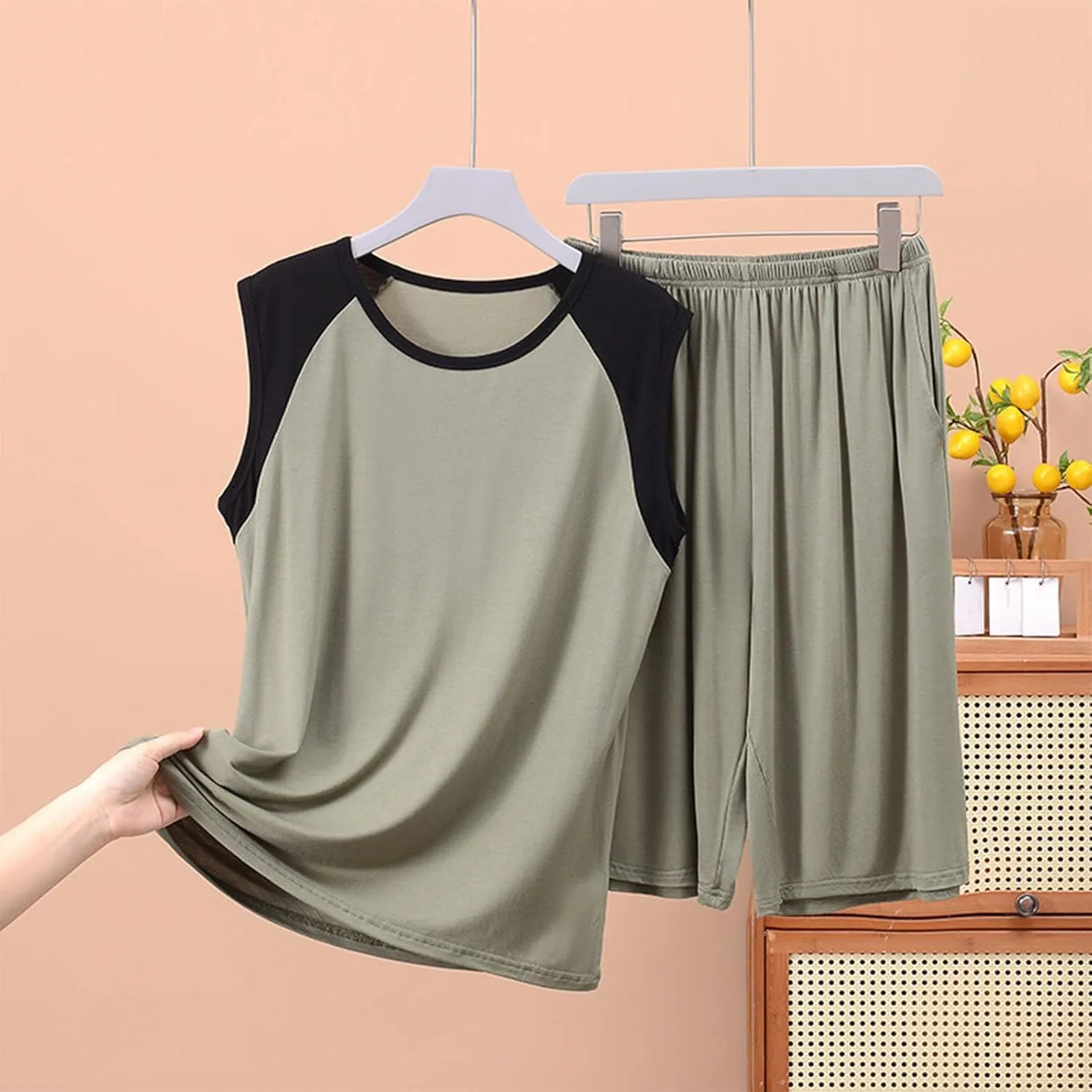 Mens Womens Bermuda Shorts Pajamas Set Soft Comfy Modal 2 Piece Outfit with Color Block Sleeveless T-Shirt Sleepwear