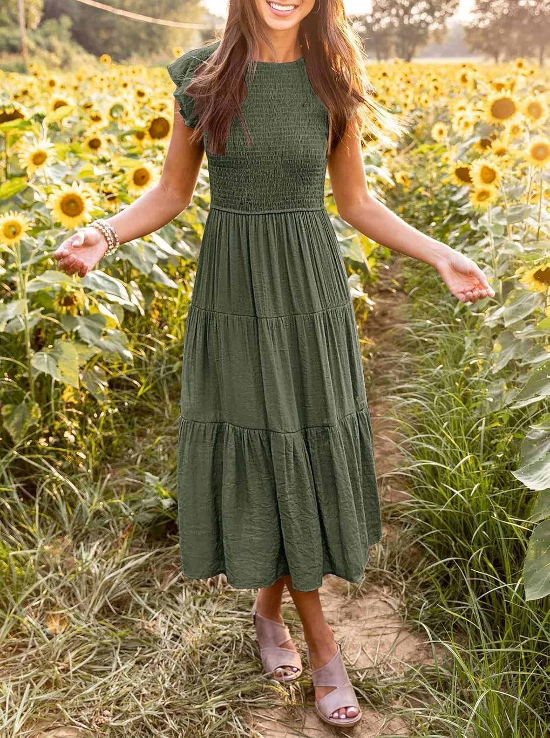 MEROKEETY Women's Flutter Short Sleeve Smocked Midi Dress Summer Casual Tiered A-Line Dress