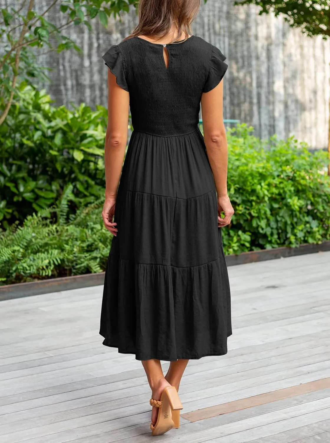 MEROKEETY Women's Flutter Short Sleeve Smocked Midi Dress Summer Casual Tiered A-Line Dress