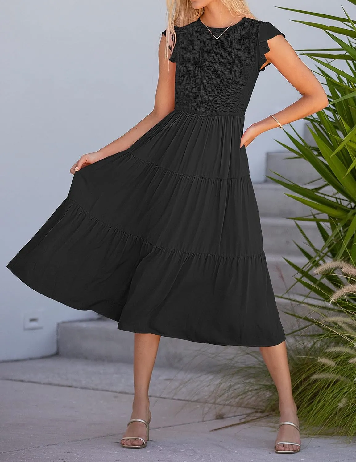 MEROKEETY Women's Flutter Short Sleeve Smocked Midi Dress Summer Casual Tiered A-Line Dress