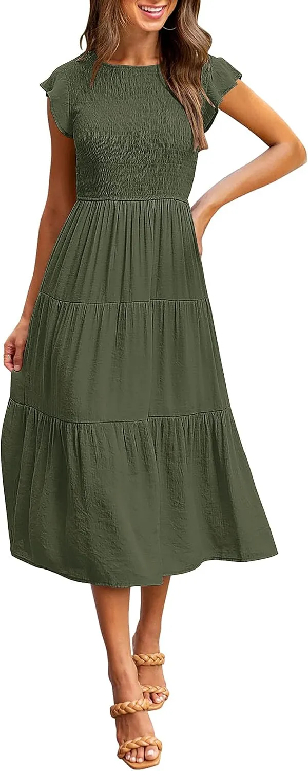 MEROKEETY Women's Flutter Short Sleeve Smocked Midi Dress Summer Casual Tiered A-Line Dress