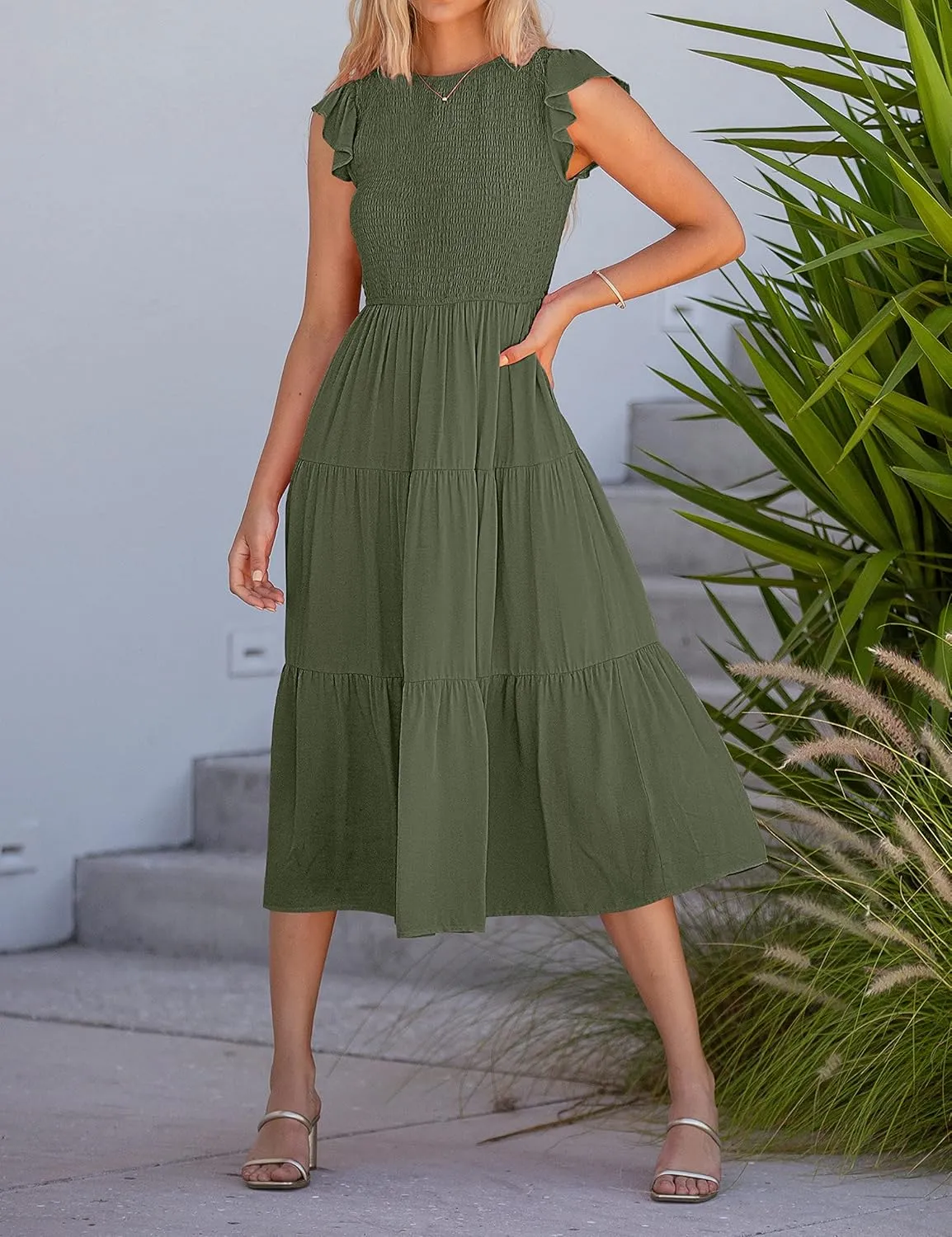 MEROKEETY Women's Flutter Short Sleeve Smocked Midi Dress Summer Casual Tiered A-Line Dress