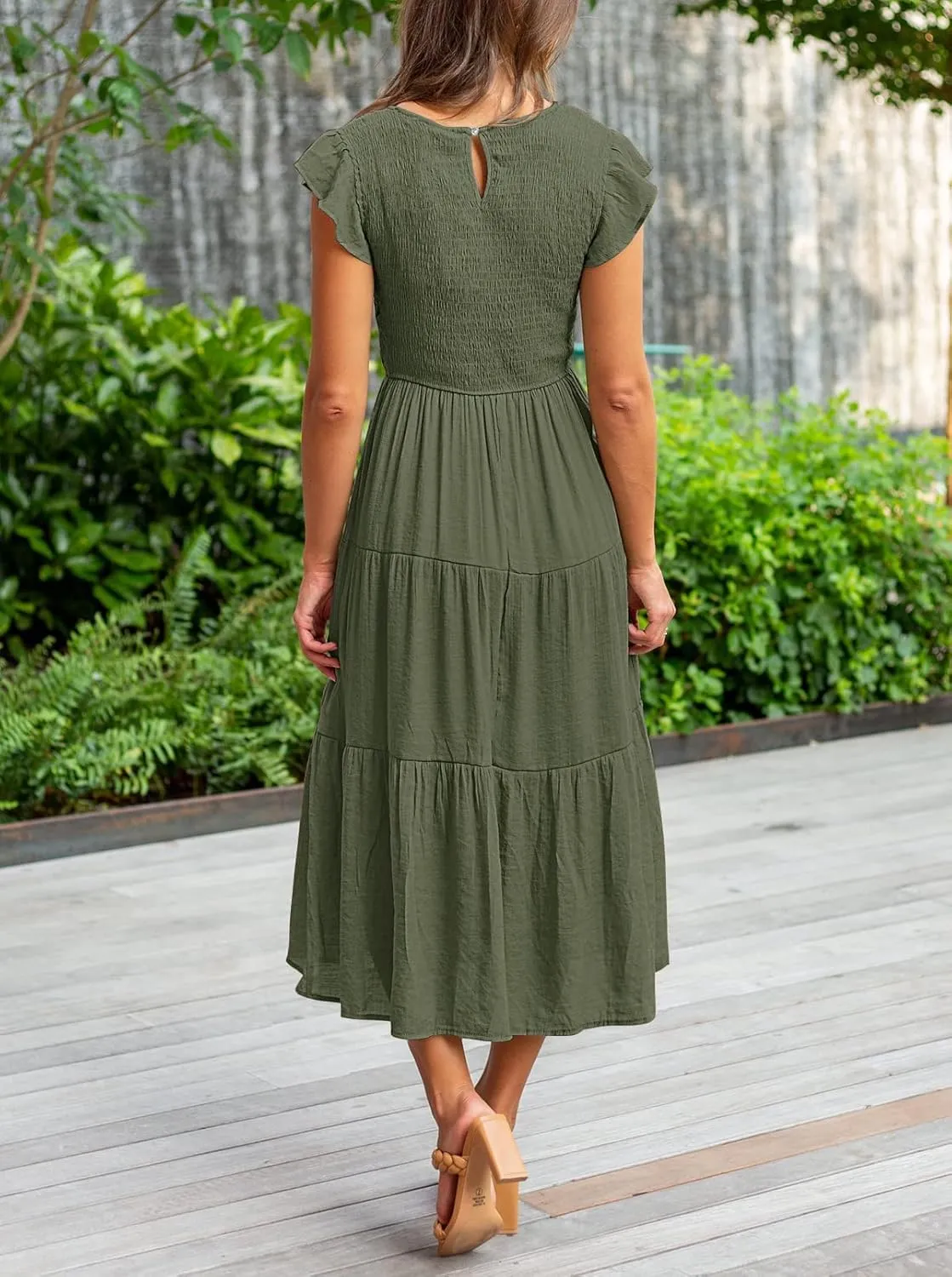 MEROKEETY Women's Flutter Short Sleeve Smocked Midi Dress Summer Casual Tiered A-Line Dress