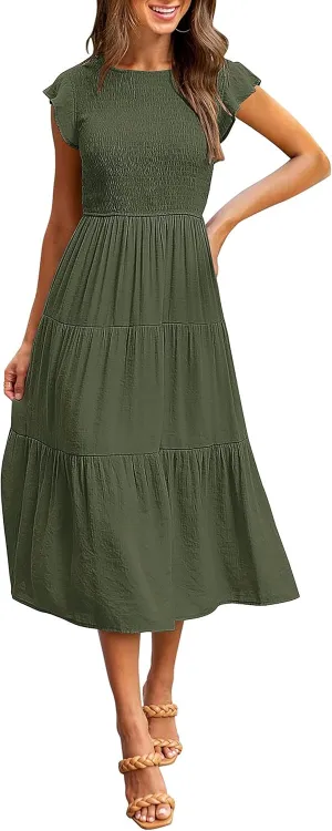 MEROKEETY Women's Flutter Short Sleeve Smocked Midi Dress Summer Casual Tiered A-Line Dress