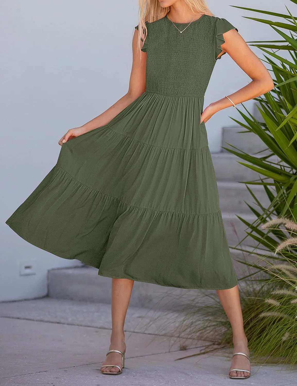 MEROKEETY Women's Flutter Short Sleeve Smocked Midi Dress Summer Casual Tiered A-Line Dress