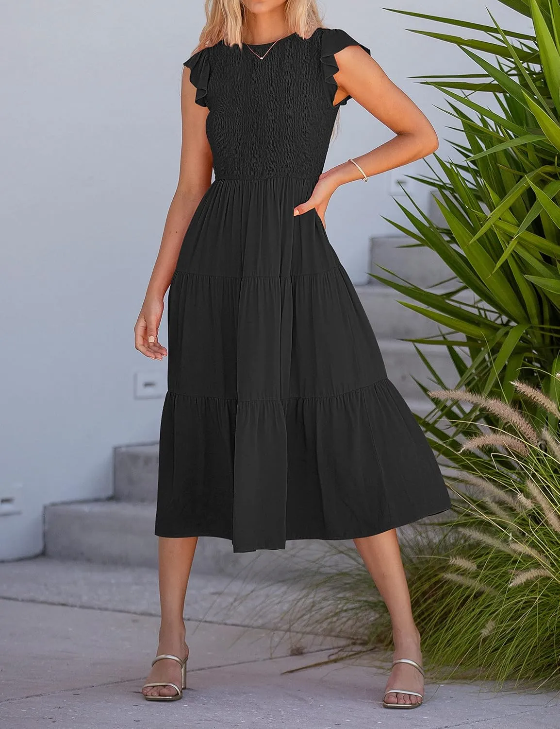 MEROKEETY Women's Flutter Short Sleeve Smocked Midi Dress Summer Casual Tiered A-Line Dress