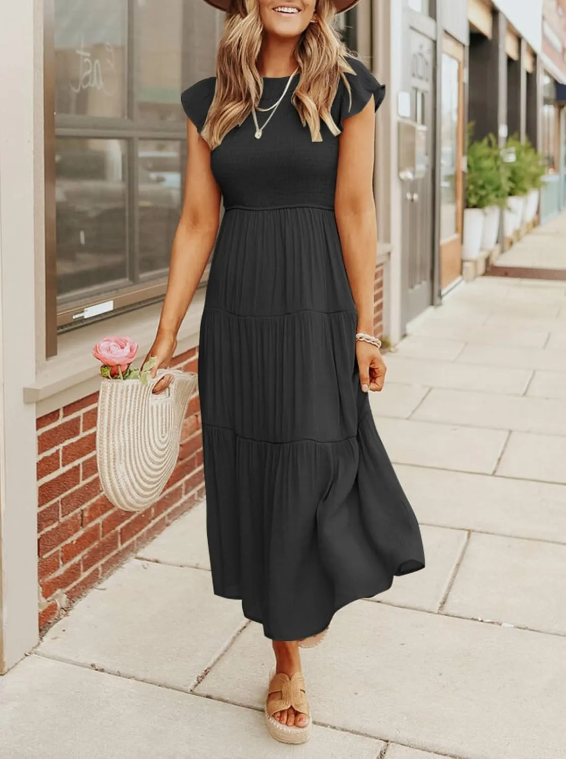 MEROKEETY Women's Flutter Short Sleeve Smocked Midi Dress Summer Casual Tiered A-Line Dress